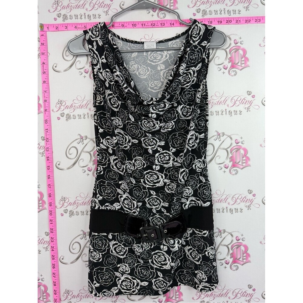 Suzy Shier y2k top Black and White Rose Print Sleeveless Cowl Neck Top